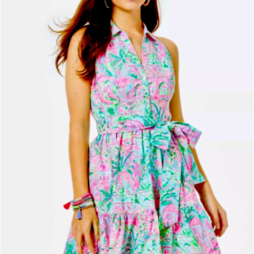 Lilly Pulitzer Pink and Green Sleeveless Mini Dress with Tie Waist